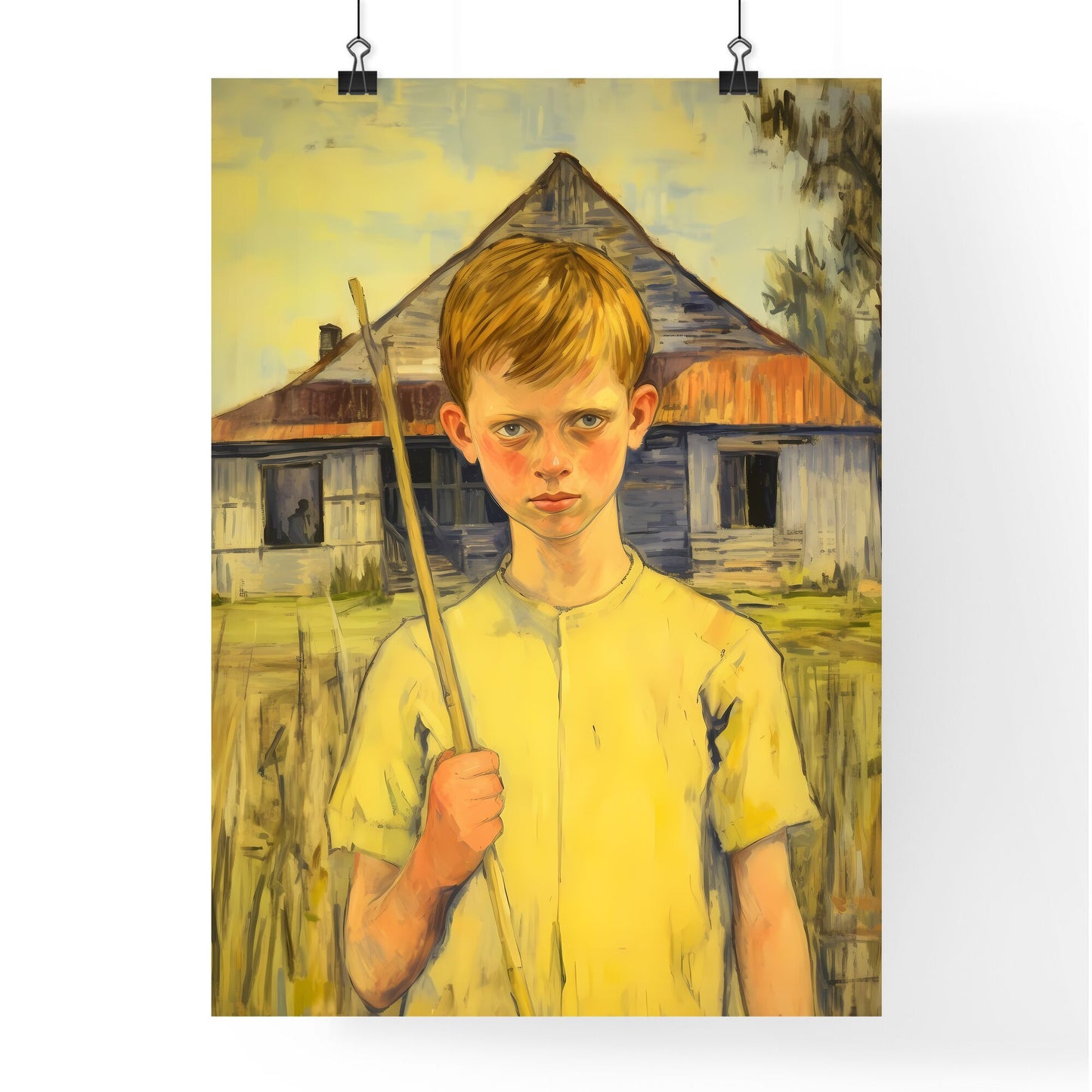 A Poster of In a country side - A Boy Holding A Stick In Front Of A House Default Title