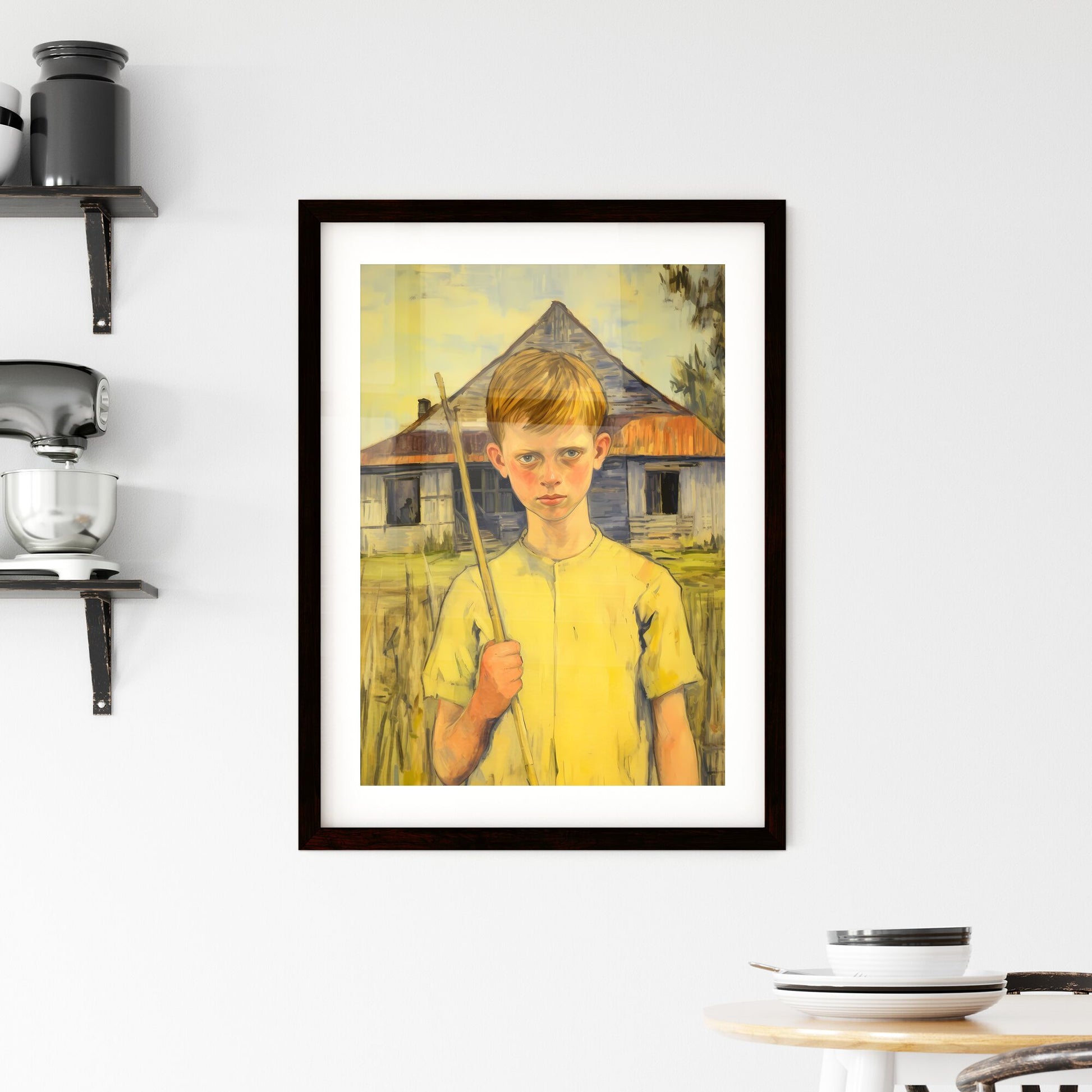 A Poster of In a country side - A Boy Holding A Stick In Front Of A House Default Title