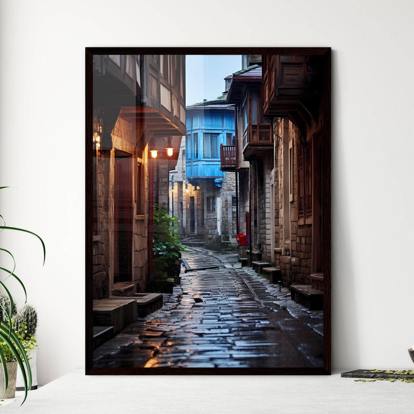 A Poster of Narrow street Ottoman architecture - A Stone Alleyway With Buildings And A Blue Building Framed Art