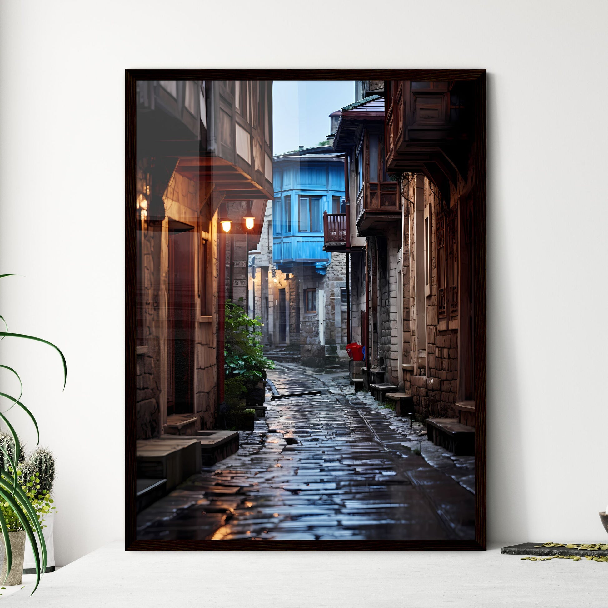 A Poster of Narrow street Ottoman architecture - A Stone Alleyway With Buildings And A Blue Building Framed Art
