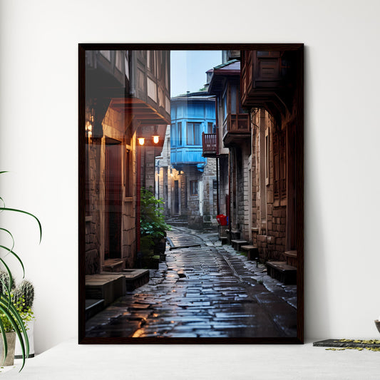 A Poster of Narrow street Ottoman architecture - A Stone Alleyway With Buildings And A Blue Building Framed Art