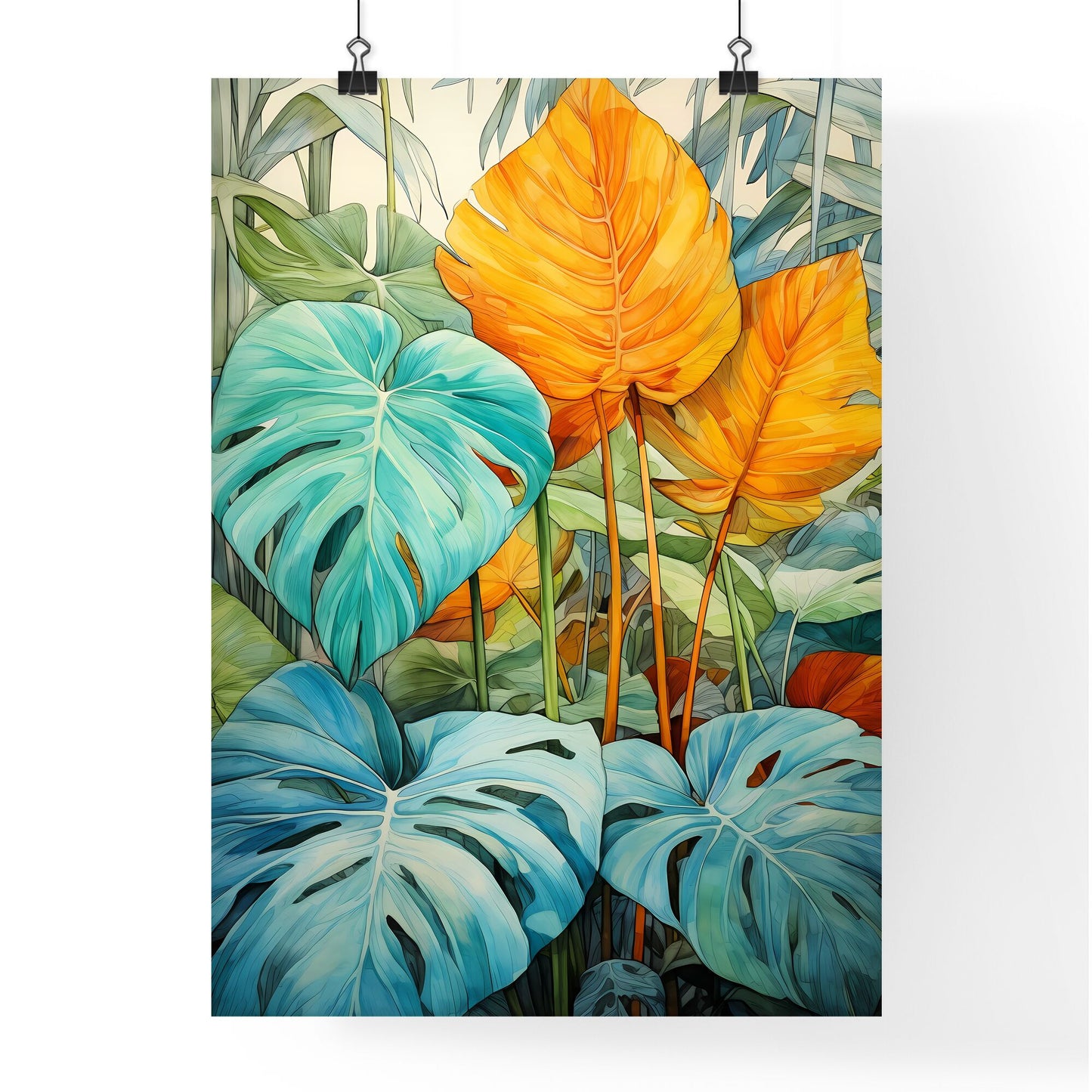 A Poster of tropical leaves - A Painting Of Colorful Leaves Default Title