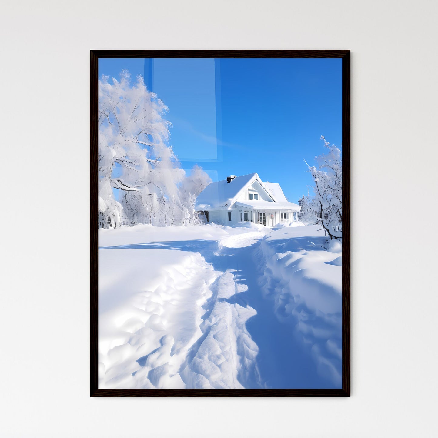 A Poster of beautiful snow scene - A House In The Snow Framed Art