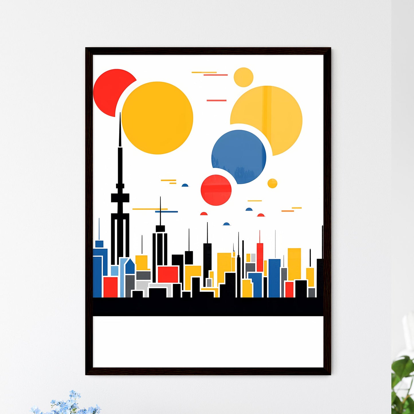 A Poster of minimalist Tokyo skyline - A Colorful Cityscape With A Tower And Circles Framed Art
