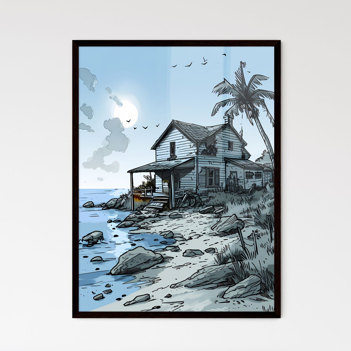 A Poster of coloring page for kids summer - A House On A Rocky Beach Framed Art