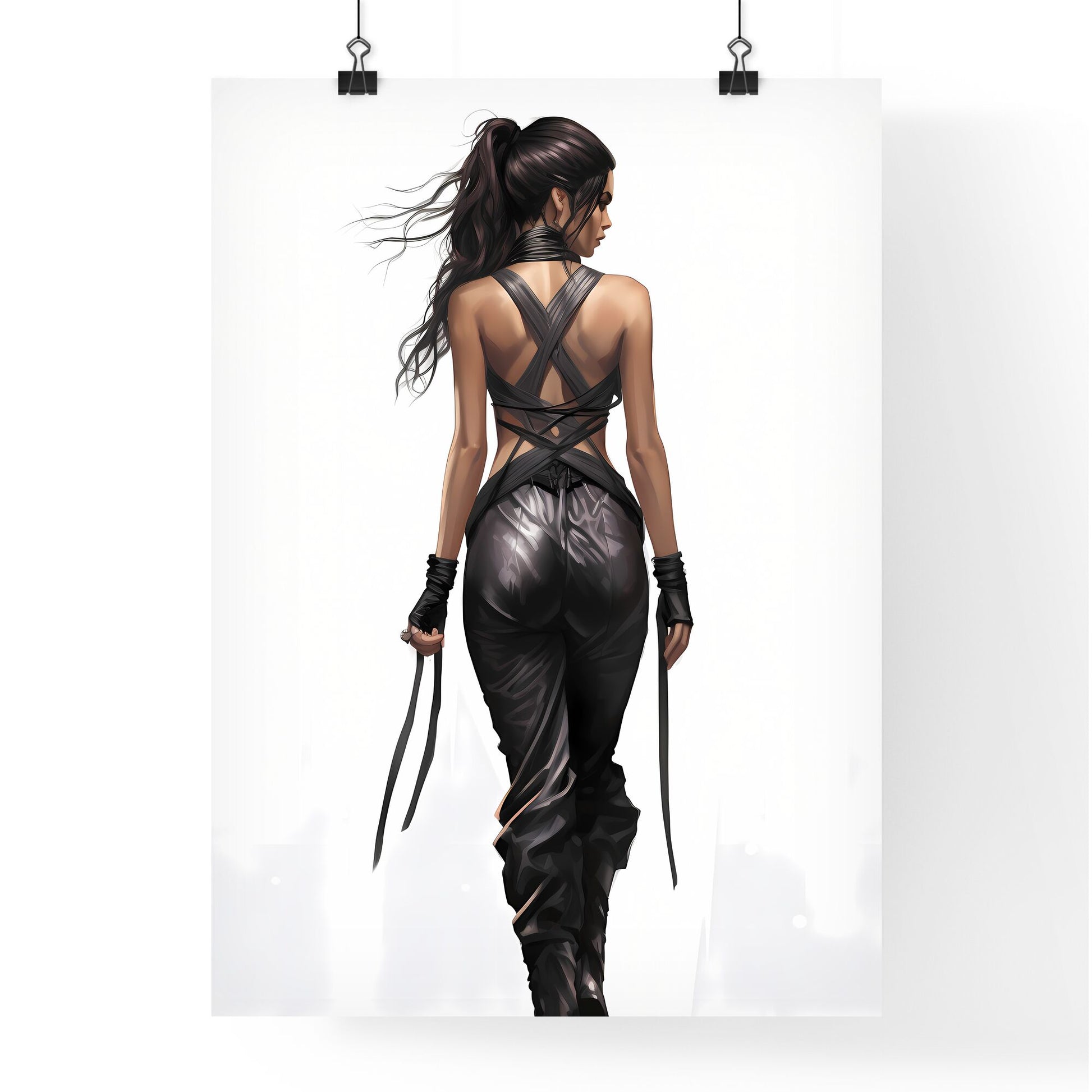 A Poster of concept art fashion concept - A Woman In Black Leather Pants With A Sword Default Title