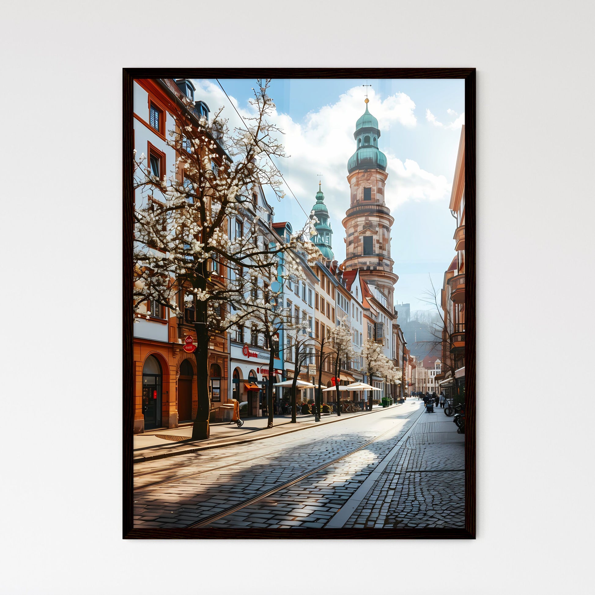A Poster of Darmstadt Hesse germany Skyline - A Street With Buildings And A Tower Framed Art