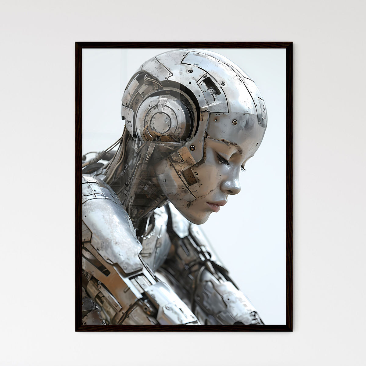 A Poster of a woman wearing chrome reflectiv - Framed Art Print