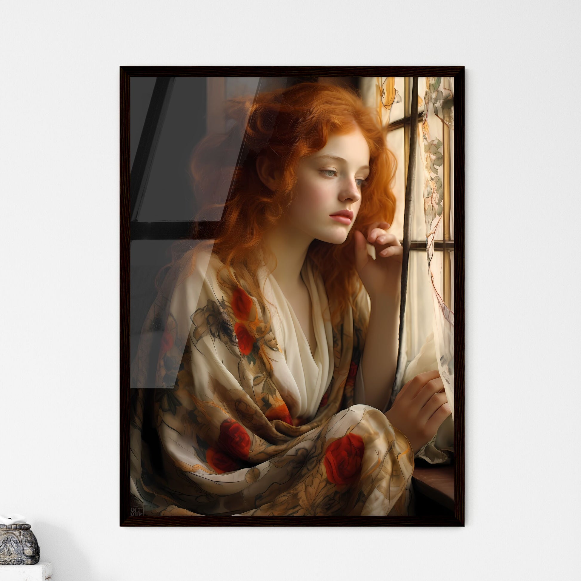 A Poster of woman with red hair sitting - A  - Framed Art Print