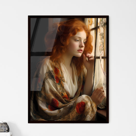 A Poster of woman with red hair sitting - A  - Framed Art Print
