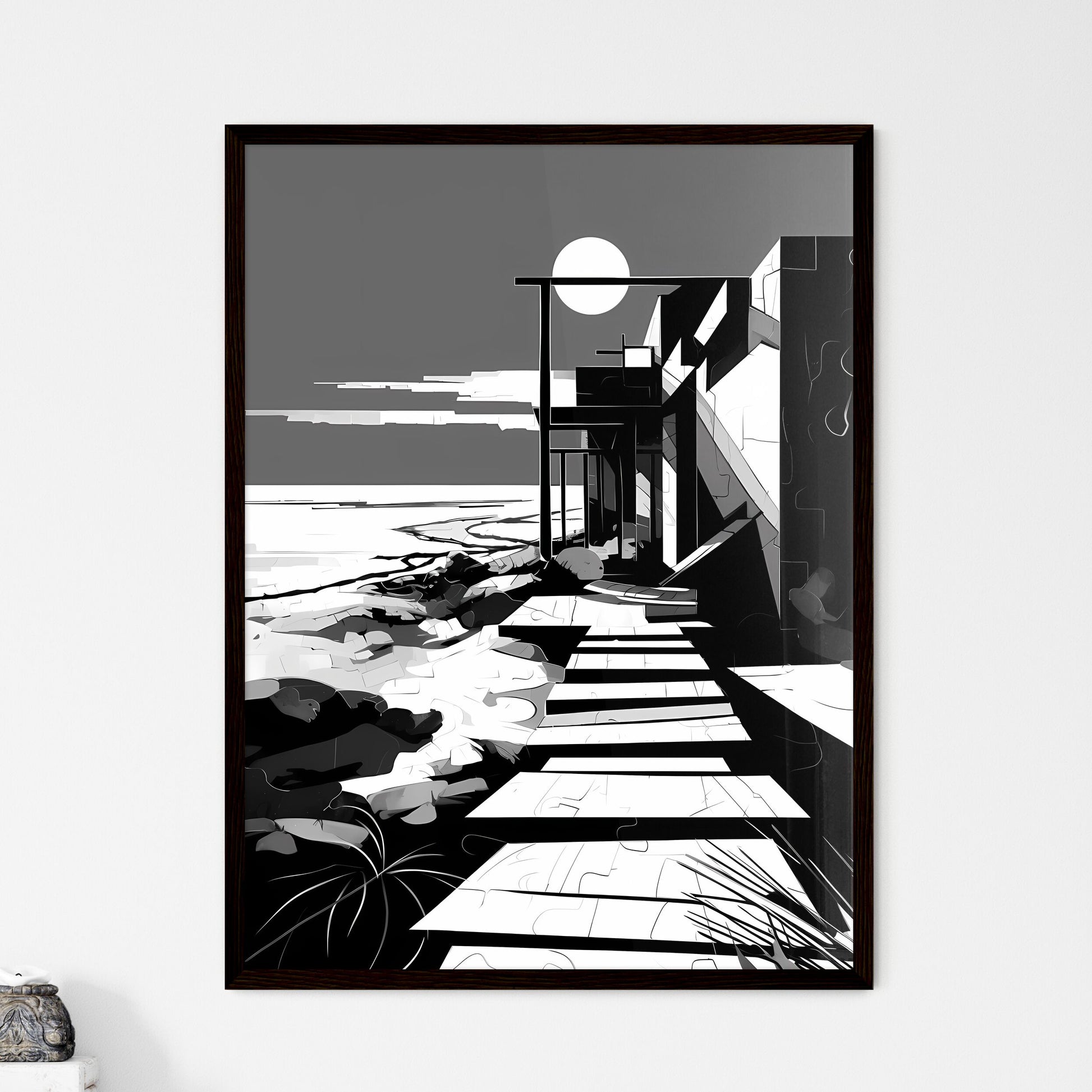 A Poster of A summer beach - A Building With A Walkway And A Beach Framed Art