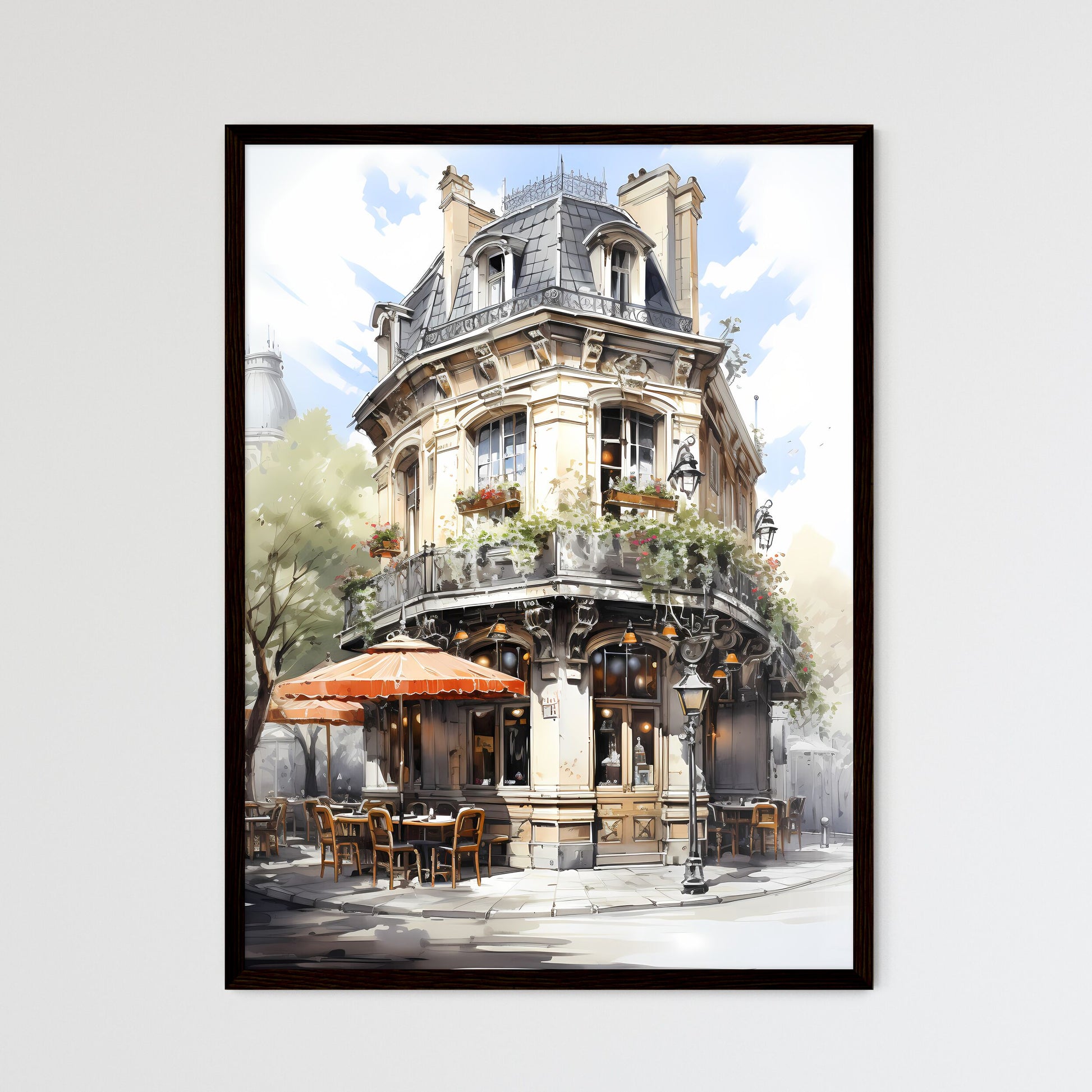 A Poster of the exterior of a paris restaurant - A Building With A Corner Patio And Tables Framed Art