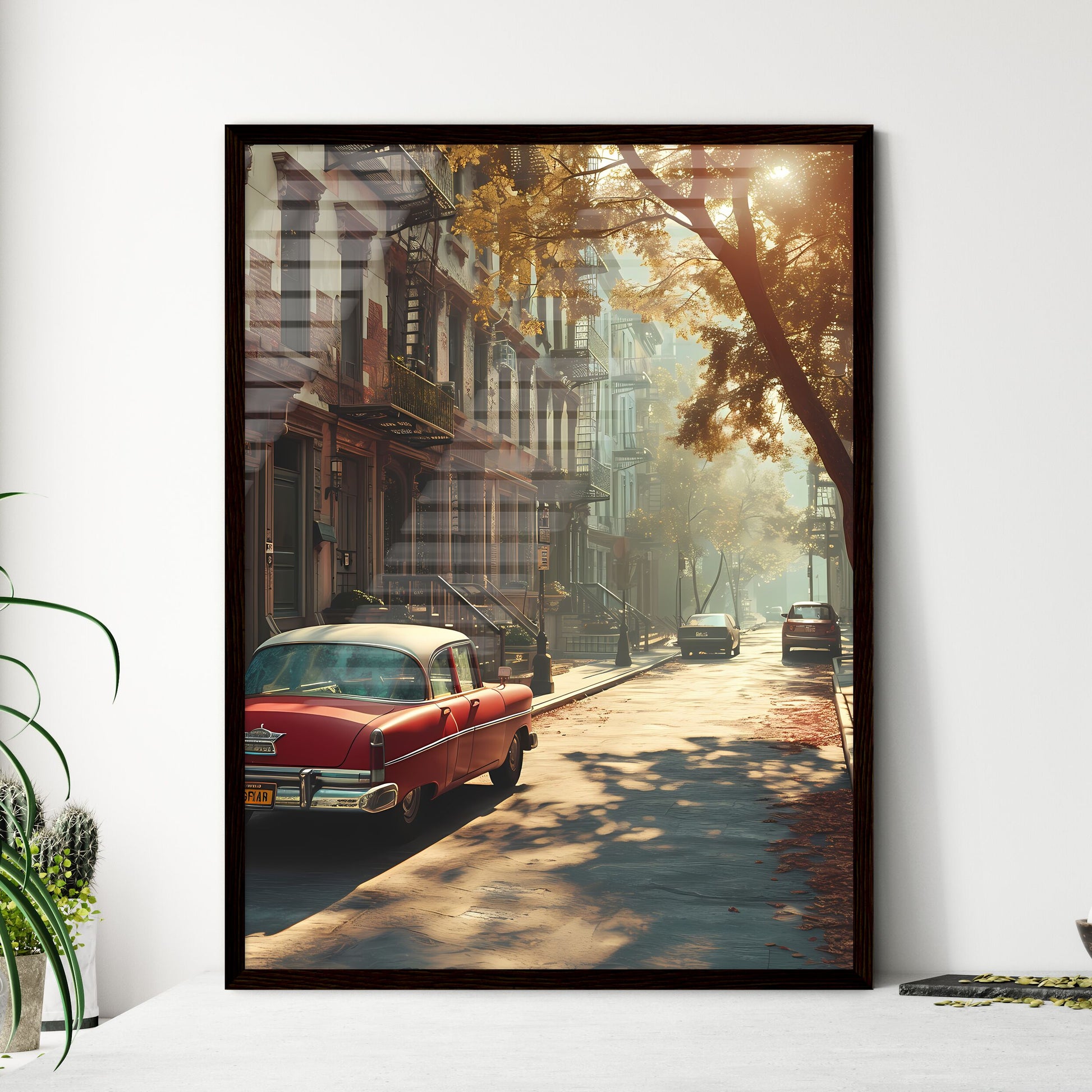A Poster of art style ny city - A Street With Cars Parked On It Framed Art