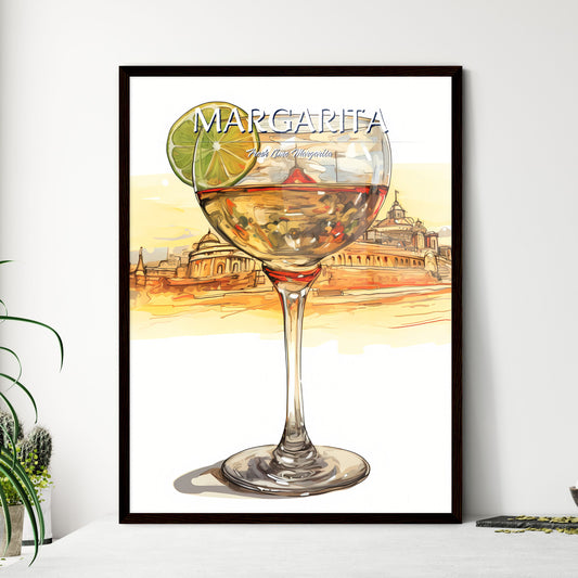 A Poster of Margarita Glass with classic margarita cocktail - A Glass Of Wine With Lime Slices And A City In The Background Default Title