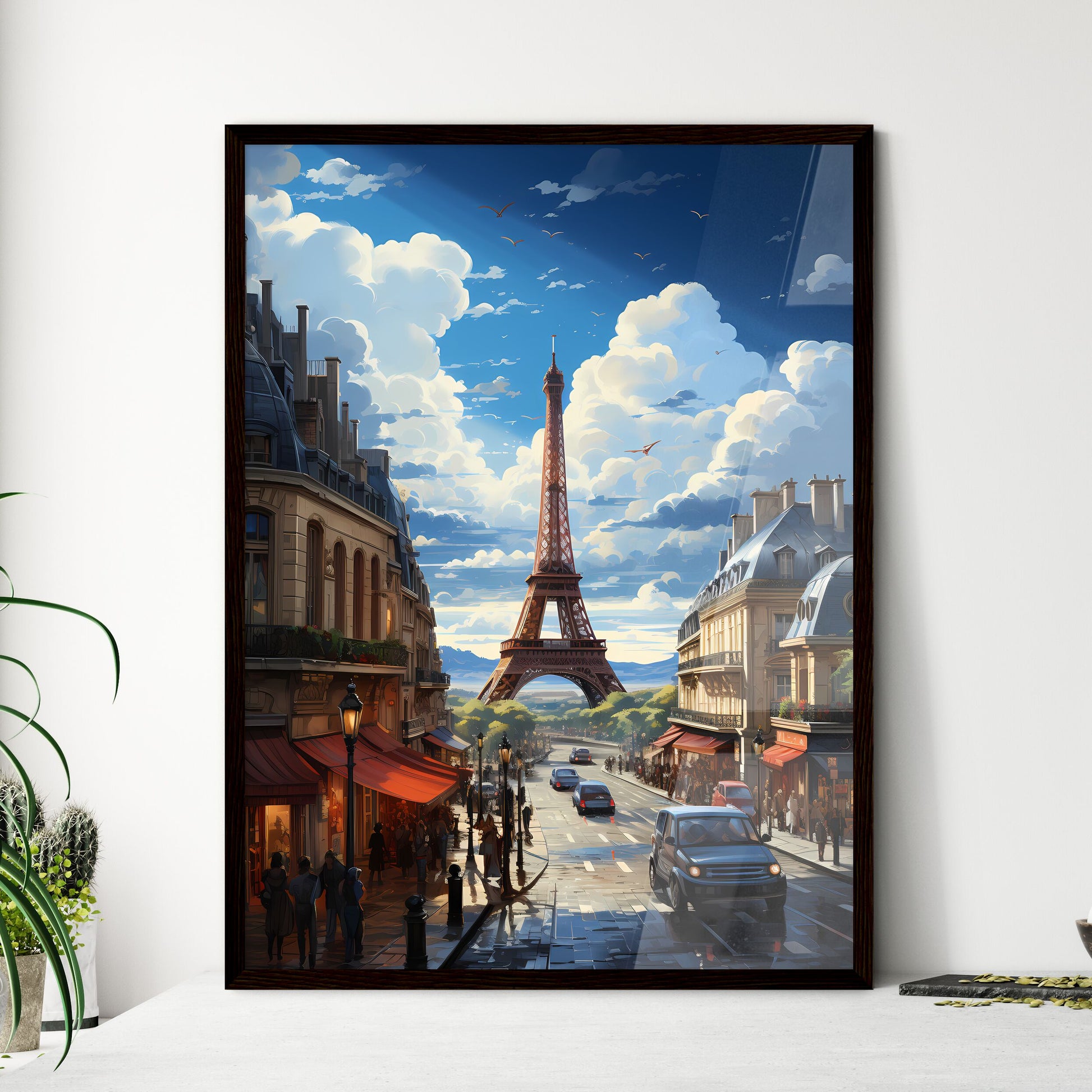 A Poster of the roofs of paris - A Street With Cars And A Tower In The Background Framed Art