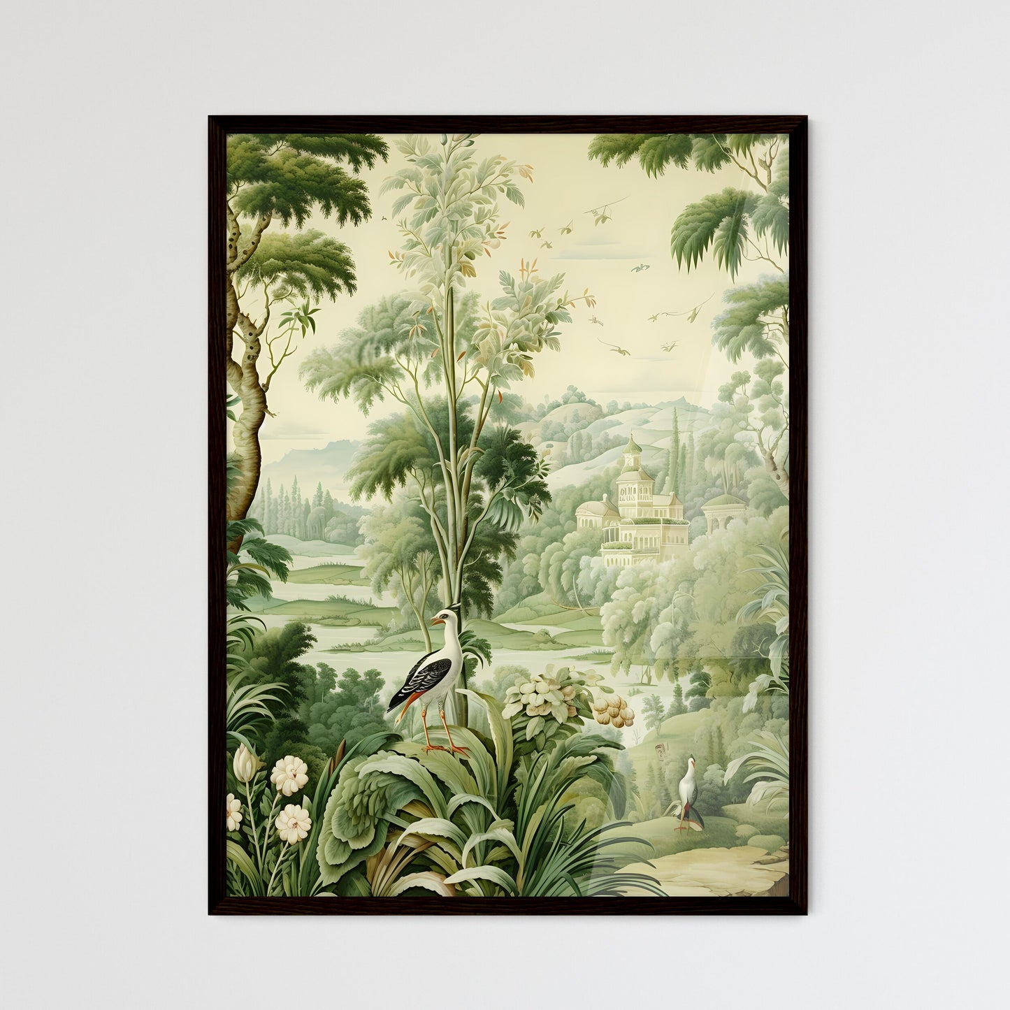 A Poster of green tapestry - A Painting Of A Landscape With Trees And Birds Default Title