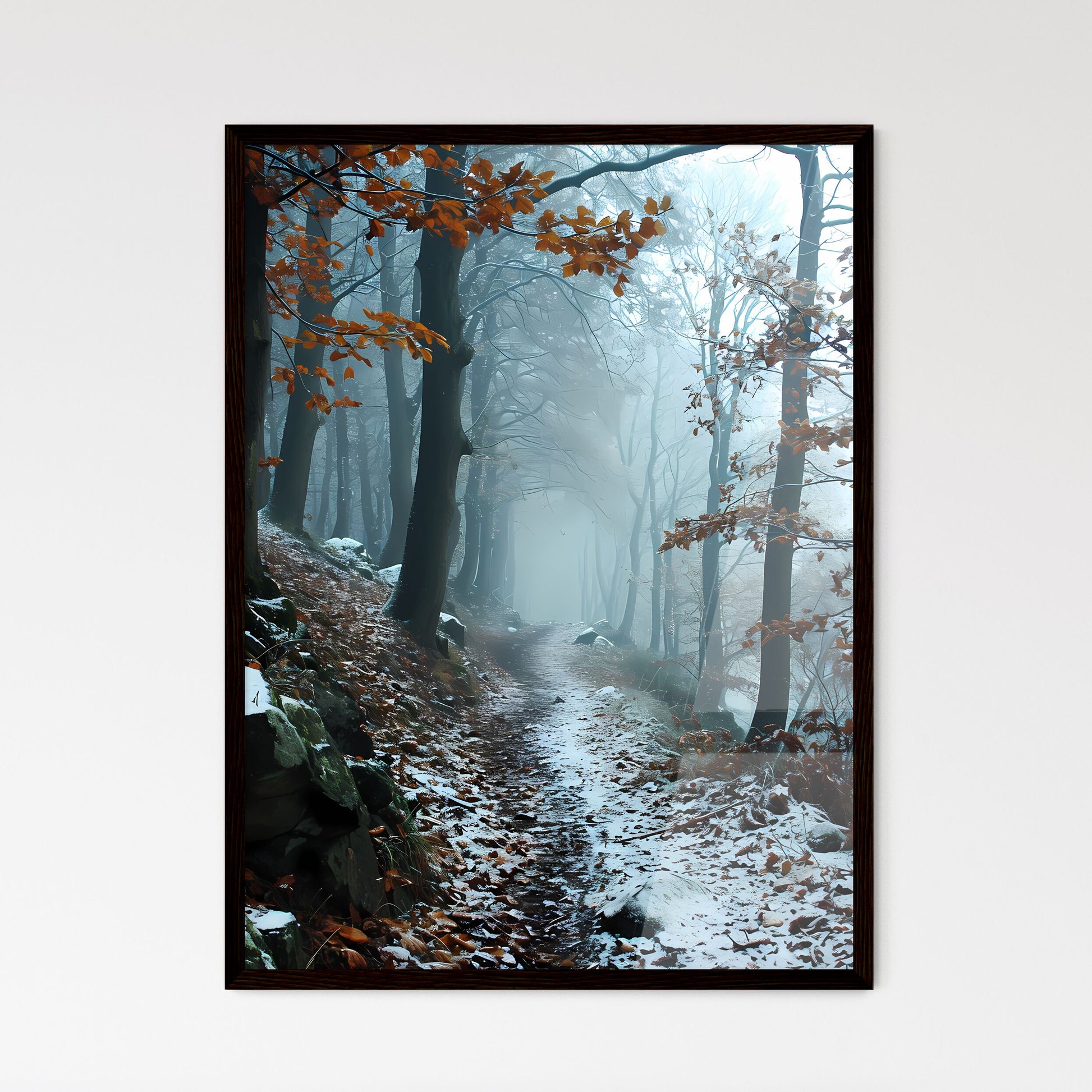 A Poster of winter forrest - A Path Throu - Framed Art Print