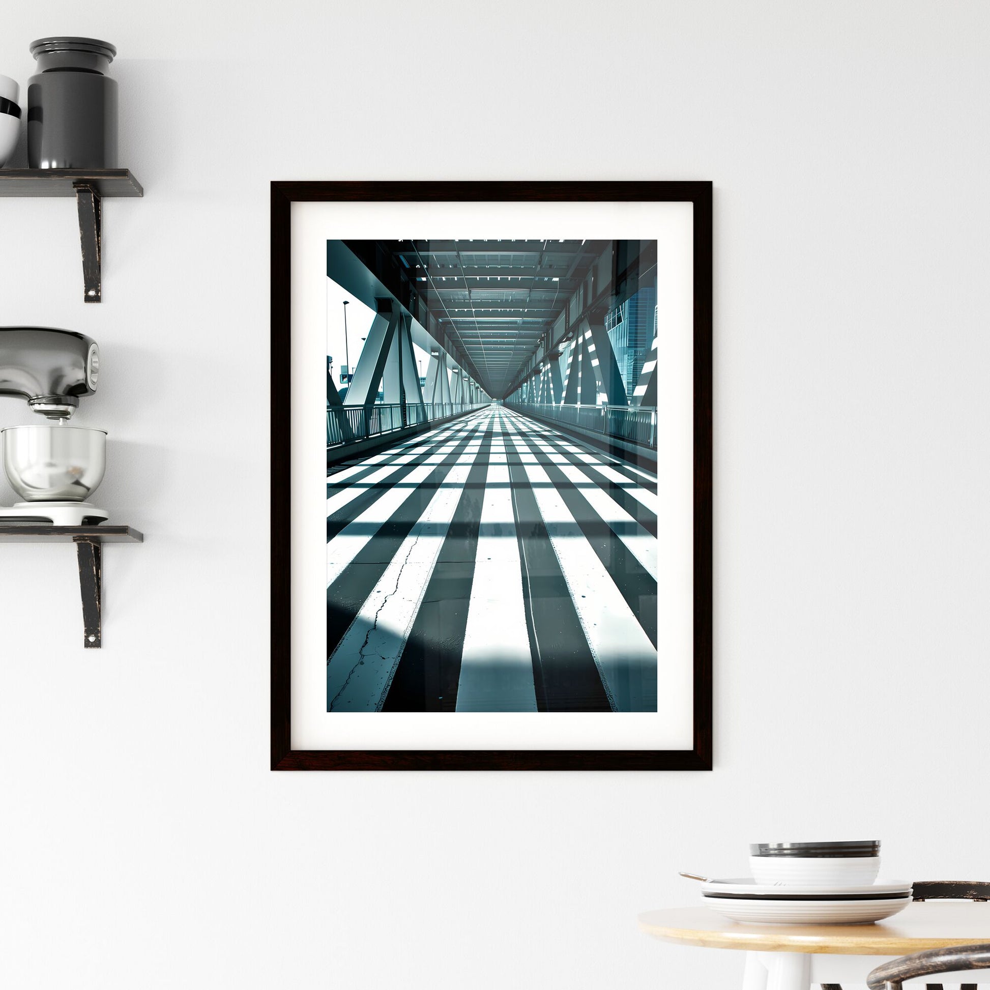 A Poster of tunnel shadows - A Black And White Striped Walkway Default Title