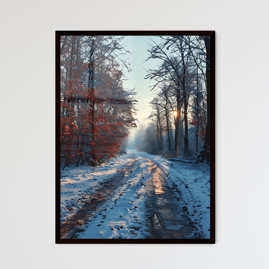 A Poster of winter forrest - A Snow Covered Road With Trees And Red Leaves Default Title