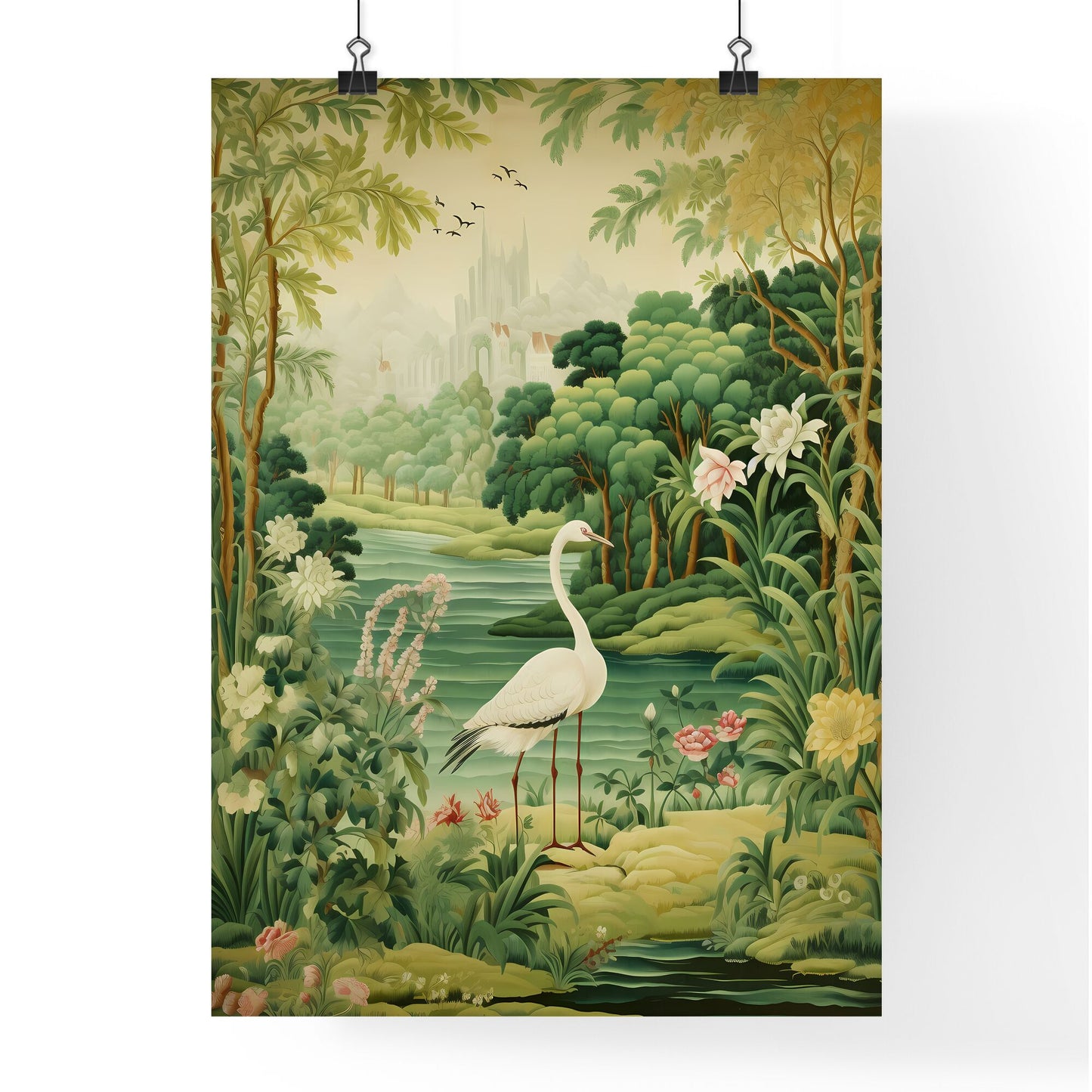 A Poster of green tapestry - A Painting Of A Bird In A Forest Default Title