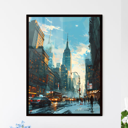 A Poster of New York City Skyline - A City Street With Tall Buildings And People Walking Framed Art