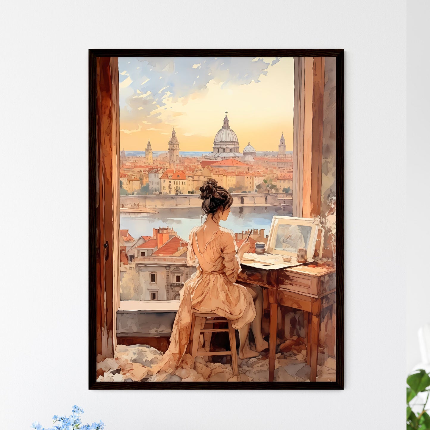 A Poster of illustration of young woman working - A Woman Sitting At A Desk Looking Out A Window At A City Framed Art