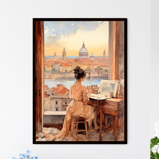 A Poster of illustration of young woman working - A Woman Sitting At A Desk Looking Out A Window At A City Framed Art