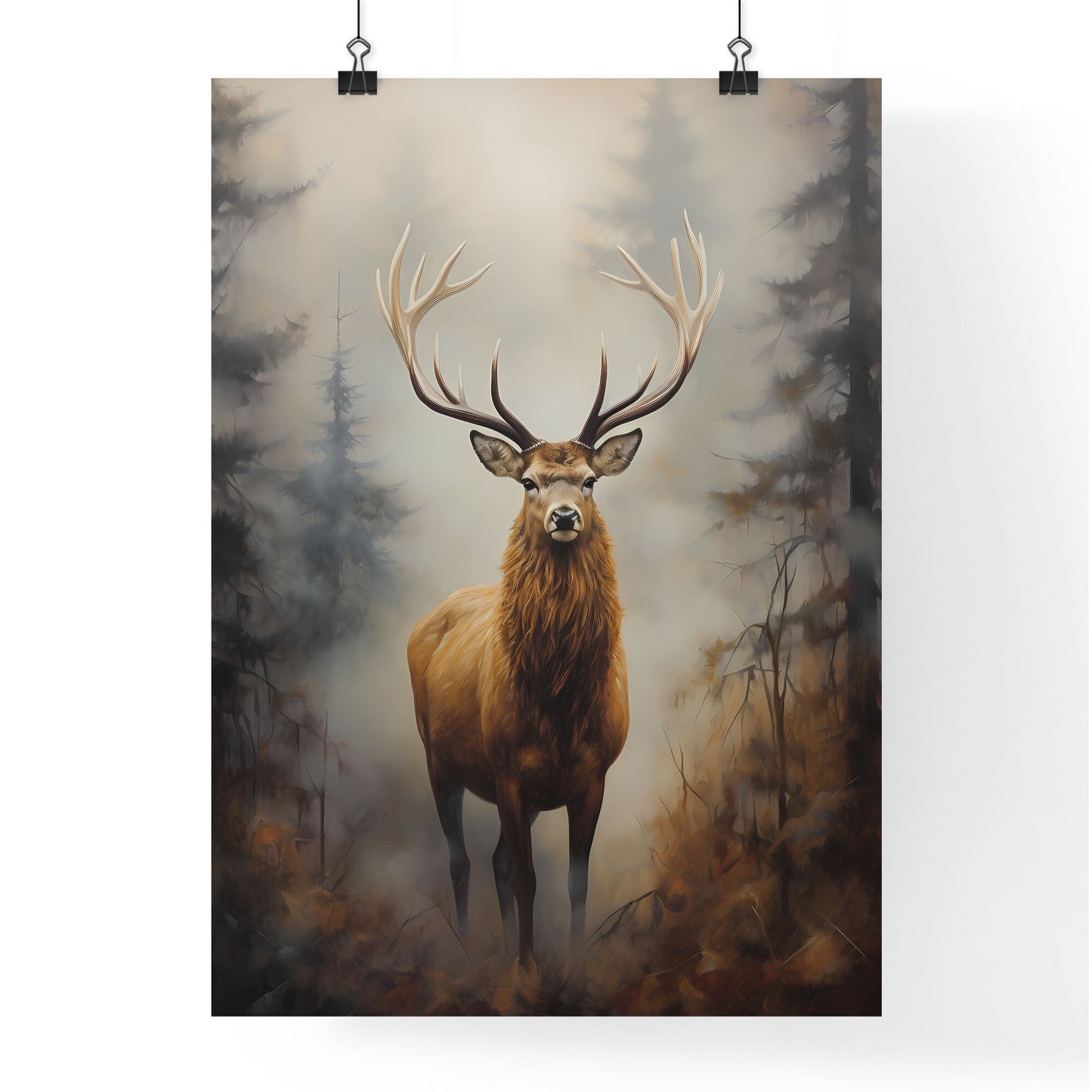 A Poster of an elk is standing on a fog - A Deer With Large Antlers In A Forest Default Title