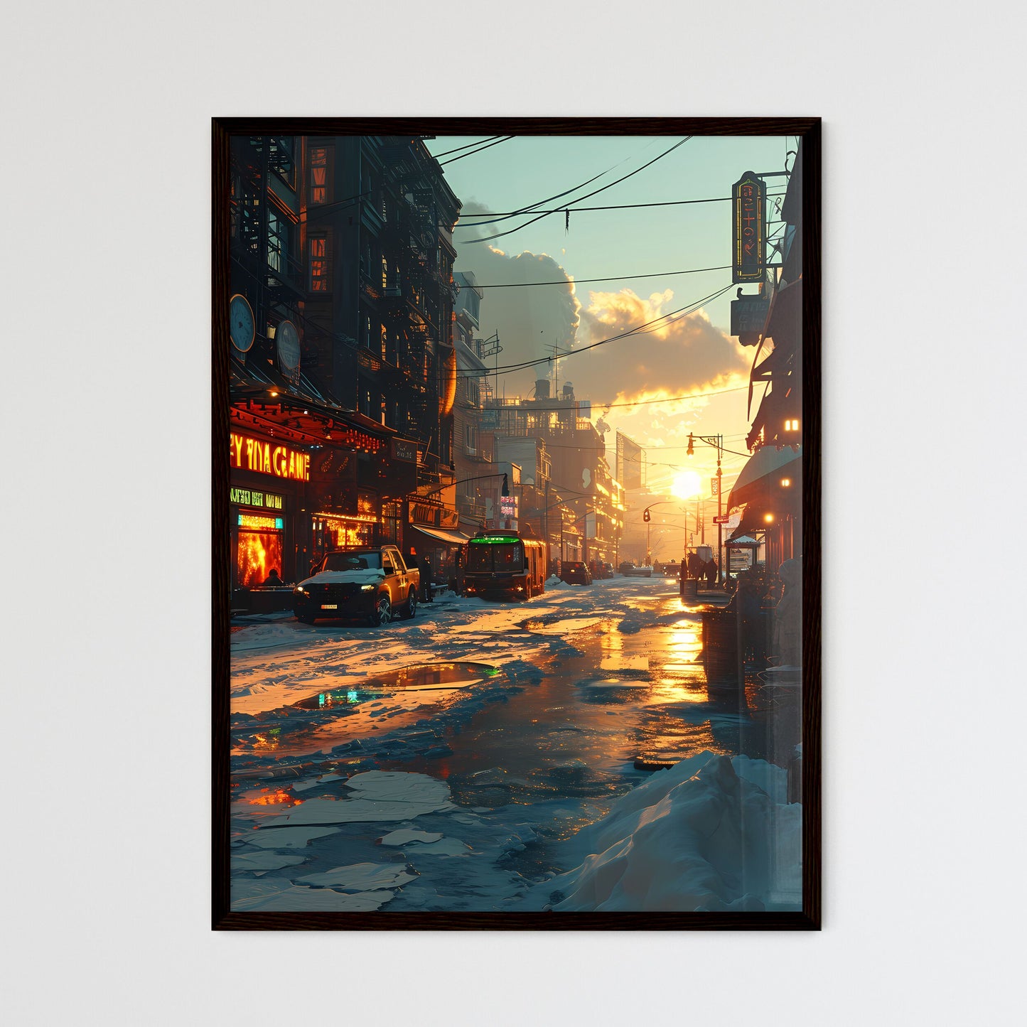 A Poster of art style ny city - A Snow Covered Street With Buildings And Cars Framed Art