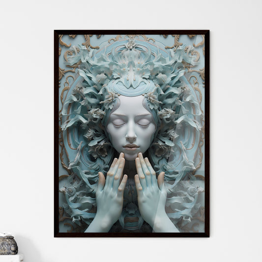 A Poster of a hand drawn painting made from clay - A Statue Of A Woman With Hands In Front Of Her Face Default Title