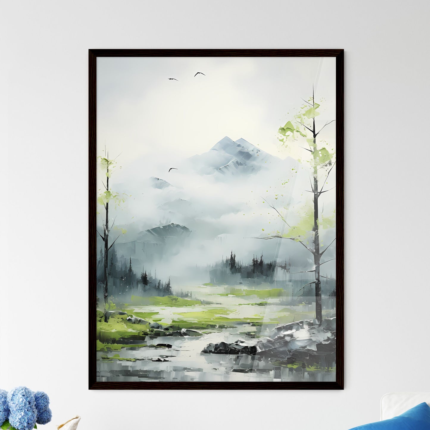 A Poster of painting of mountain side in spr - Framed Art Print