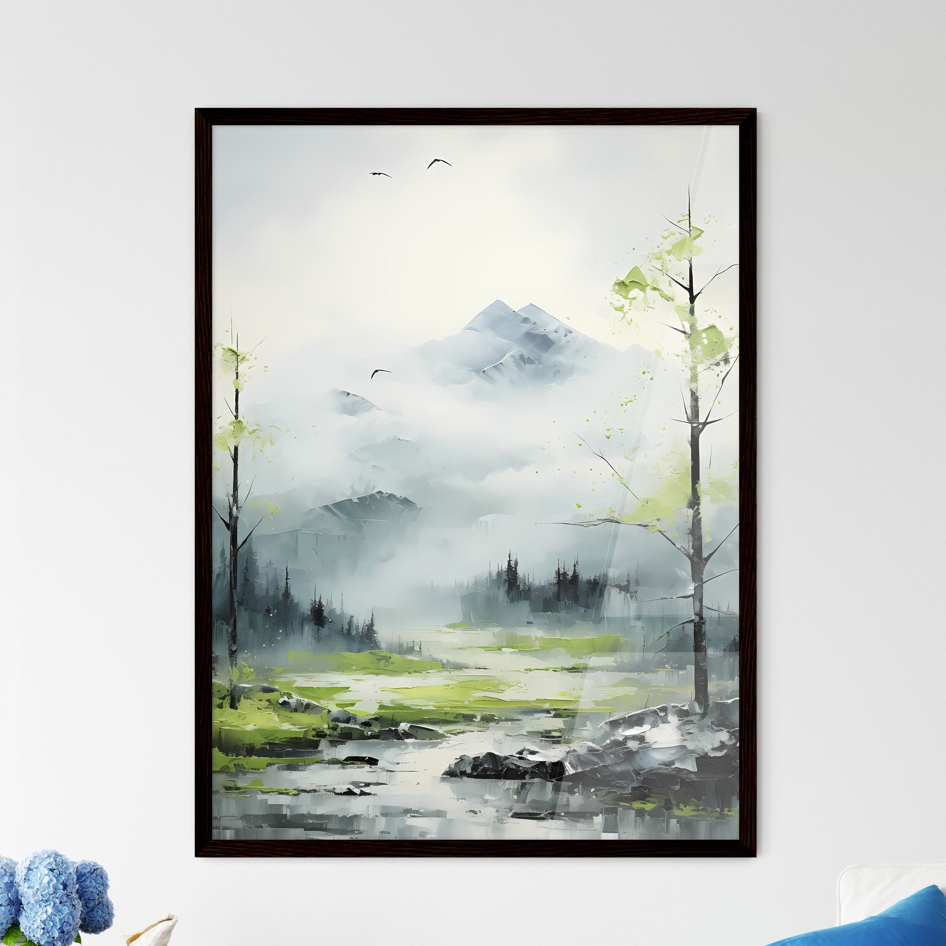 A Poster of painting of mountain side in spr - Framed Art Print