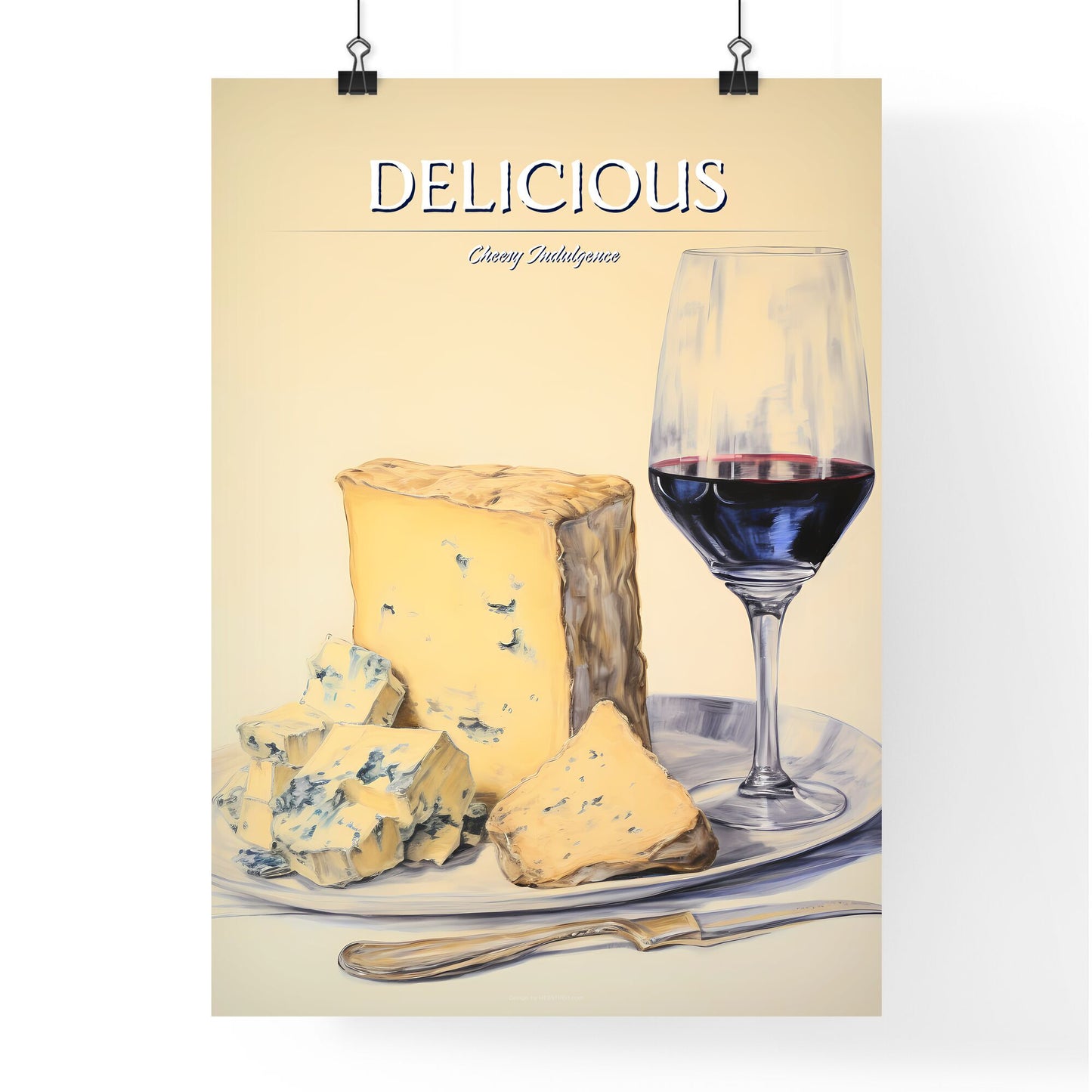 A Poster of Gorgonzola cheese on beige background sketchbook art - A Plate Of Cheese And A Glass Of Wine Default Title