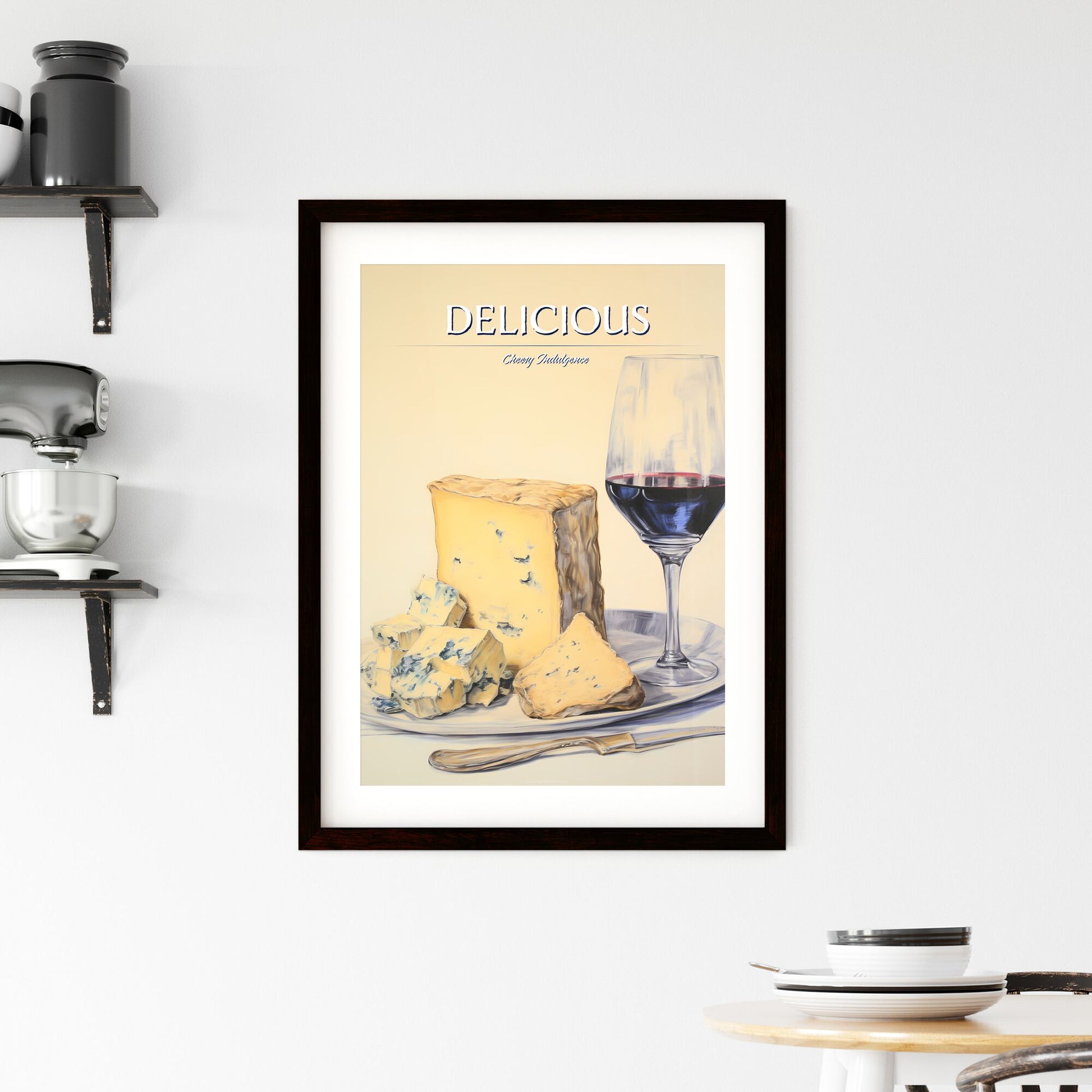 A Poster of Gorgonzola cheese on beige background sketchbook art - A Plate Of Cheese And A Glass Of Wine Default Title