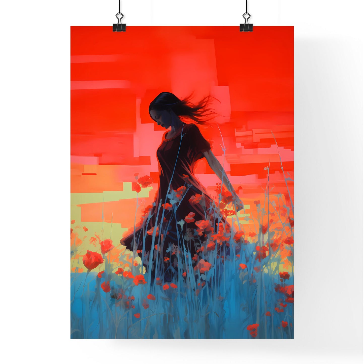 A Poster of inverted infrared - A Woman In A Dress In A Field Of Flowers Default Title