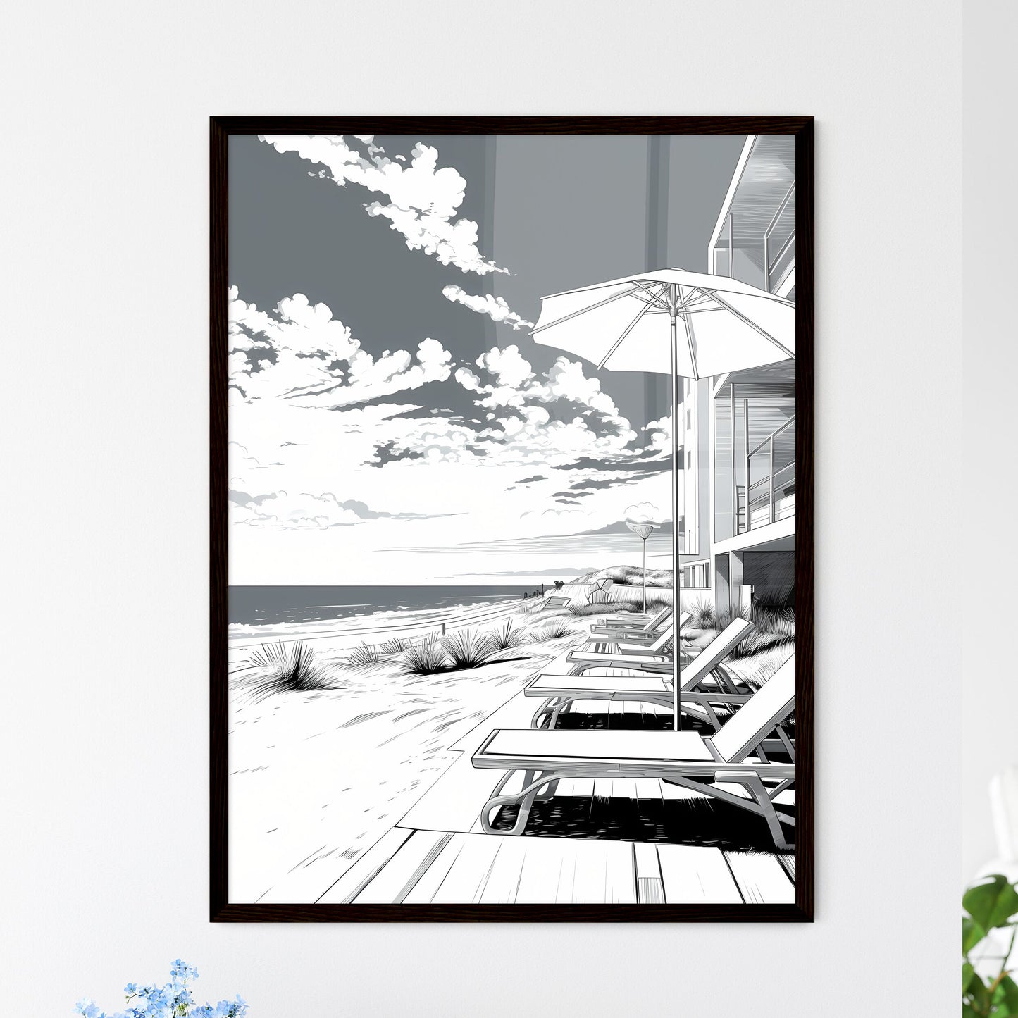 A Poster of A summer beach - A Beach With Chairs And Umbrellas Framed Art