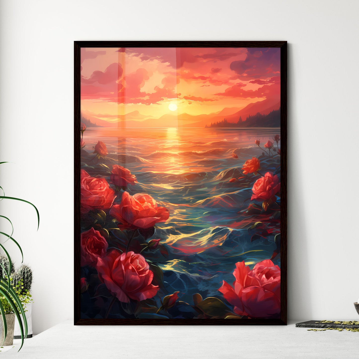 A Poster of The red sunset shone on the blue - Framed Art Print