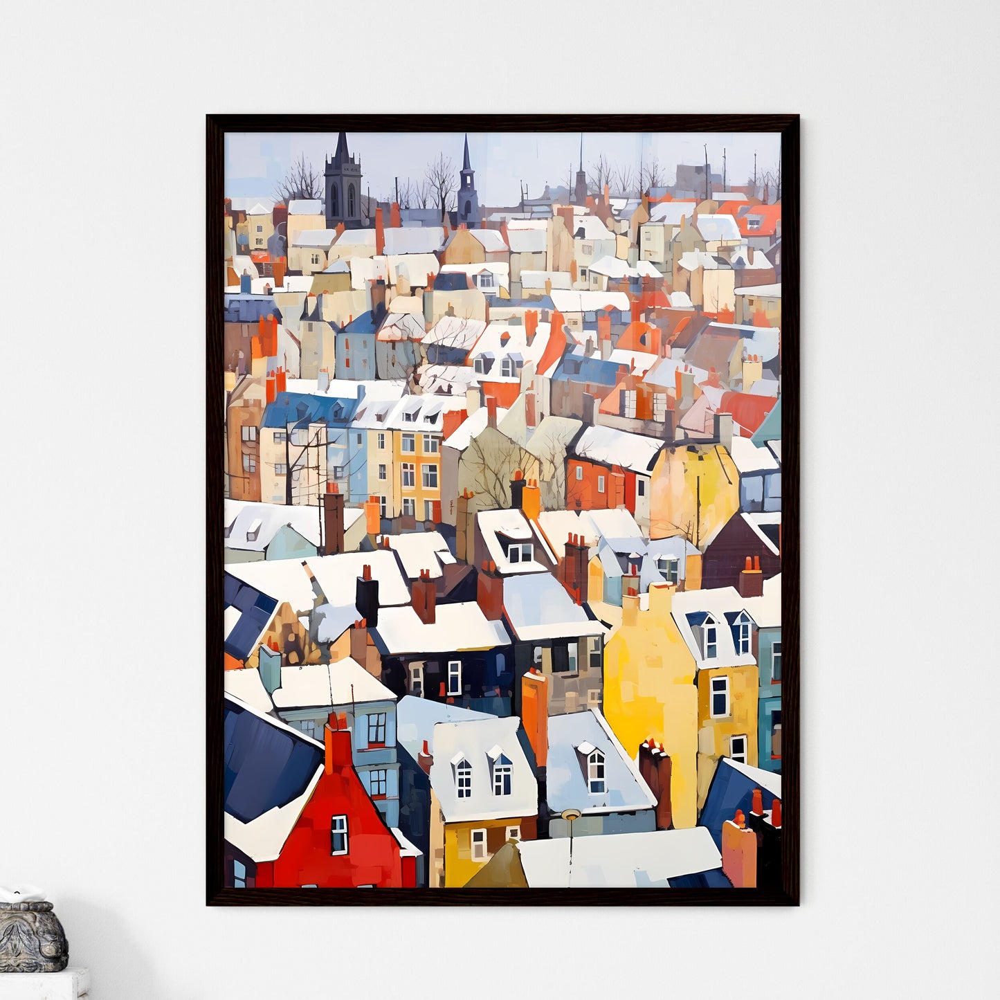 A Poster of snowy urban roofs of london - A Group Of Colorful Buildings With Snow On The Roof Framed Art