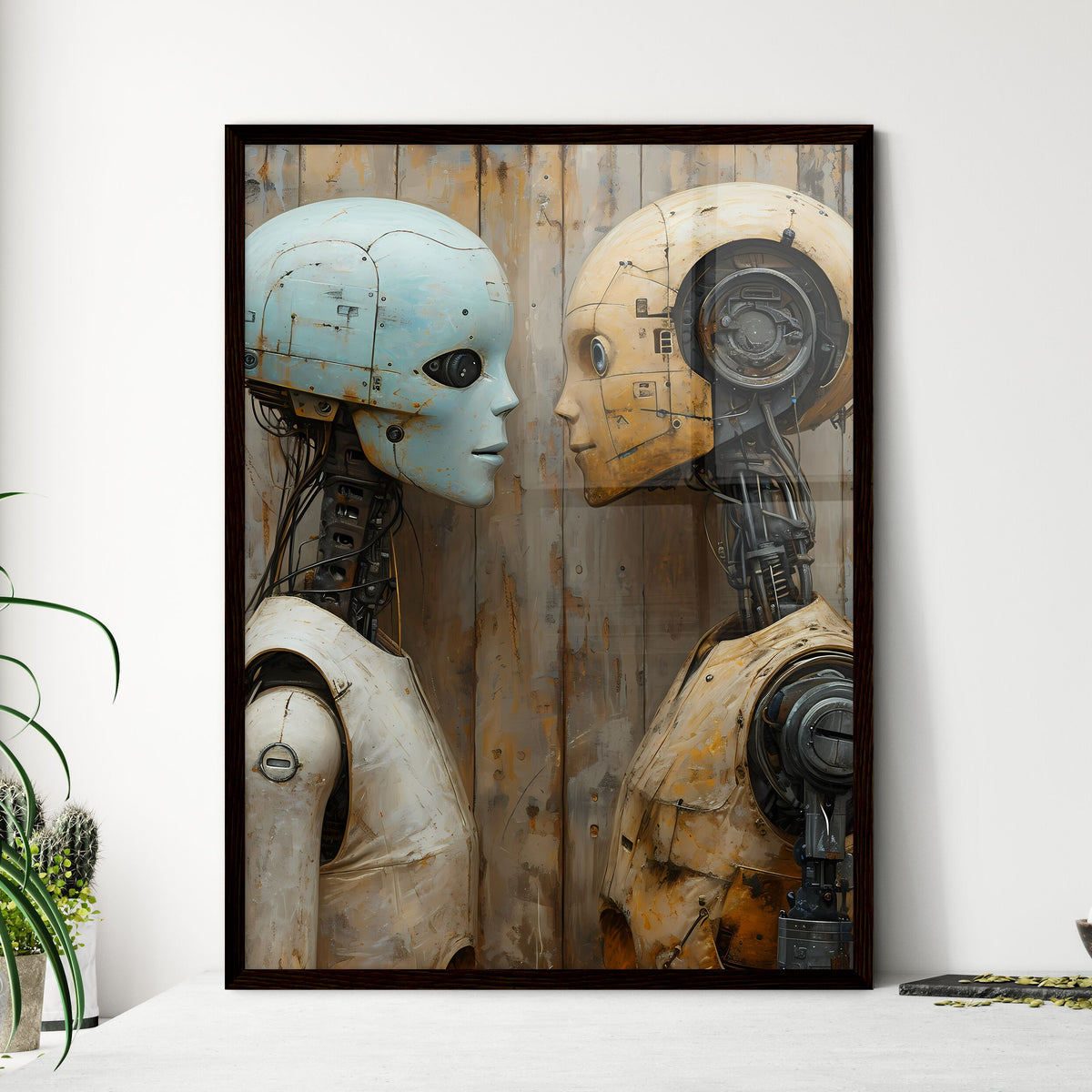 A Poster of an alien and a robot in love - T - Framed Art Print