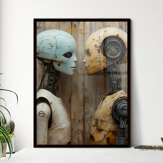 A Poster of an alien and a robot in love - T - Framed Art Print