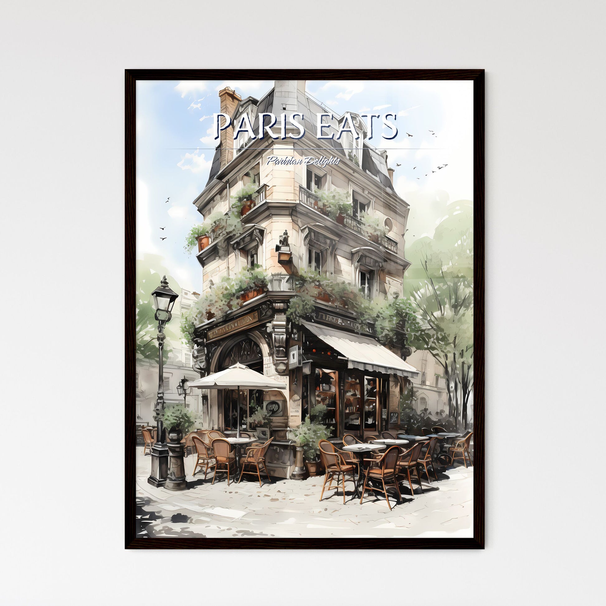 A Poster of the exterior of a paris restaurant - A Building With Tables And Chairs Framed Art