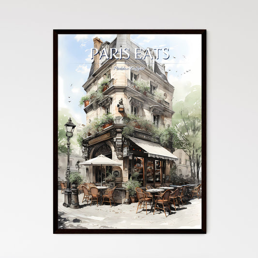 A Poster of the exterior of a paris restaurant - A Building With Tables And Chairs Framed Art