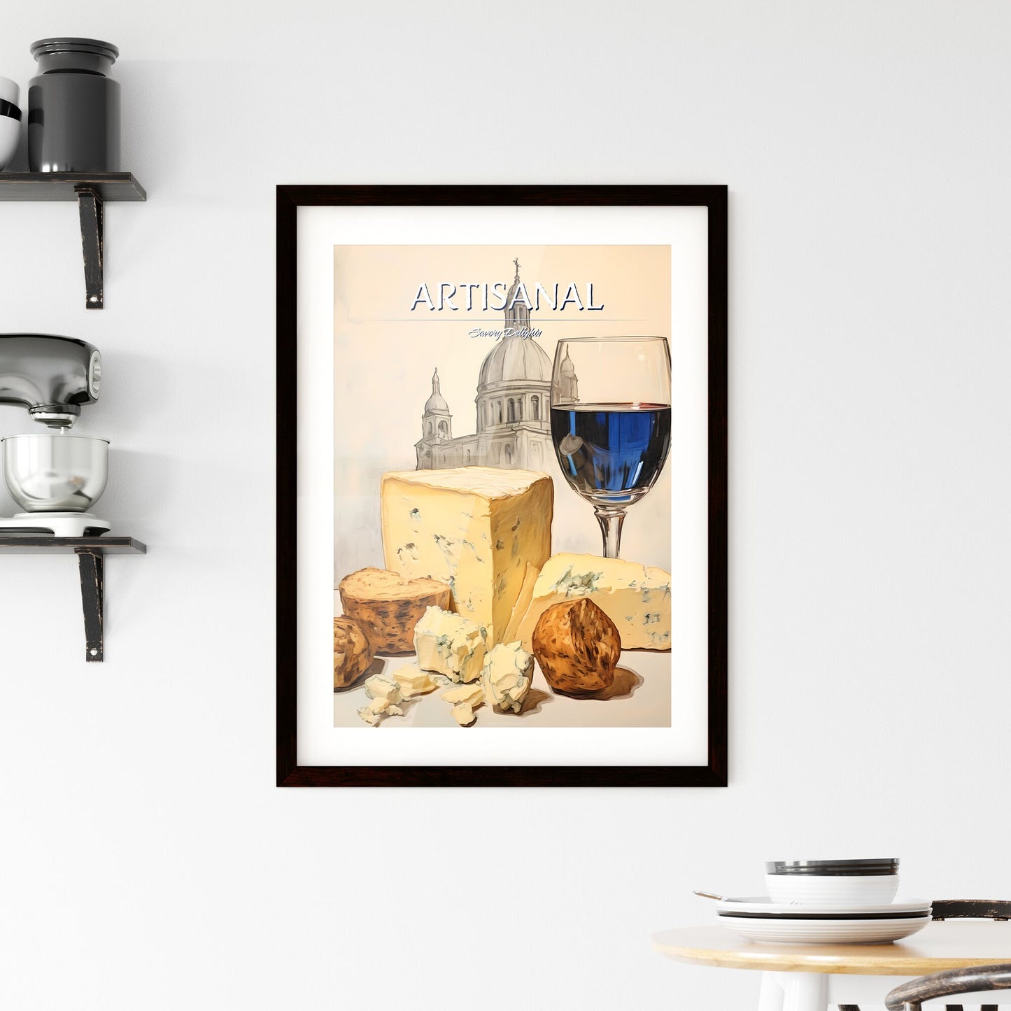 A Poster of Gorgonzola cheese on beige background sketchbook art - A Glass Of Wine Next To Cheese And Bread Default Title