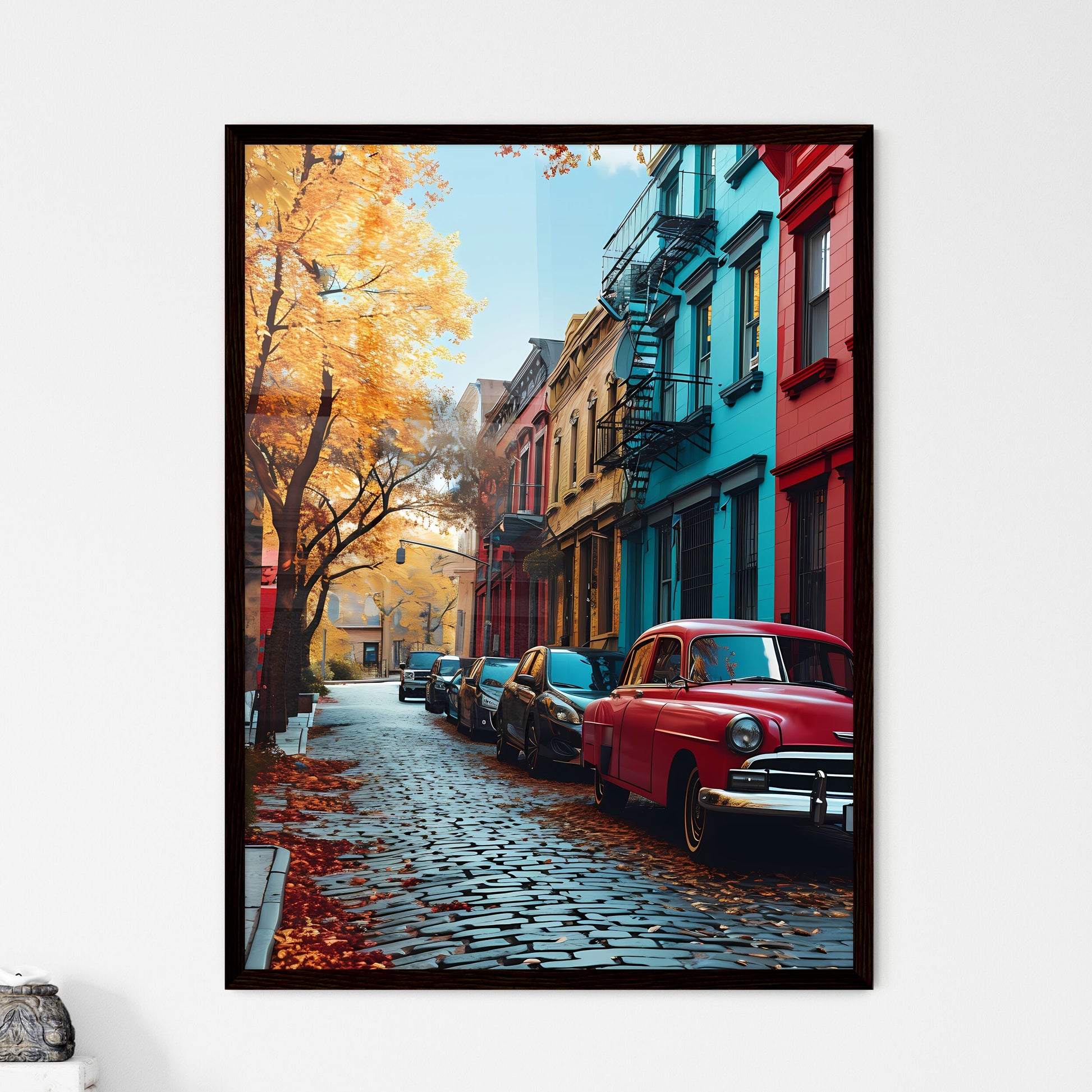 A Poster of art style ny city - A Street With Cars Parked On The Side Framed Art