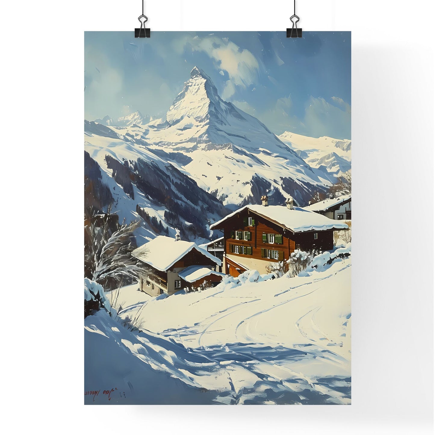 A Poster of Matterhorn - A Snowy Mountain With Houses And Trees Default Title