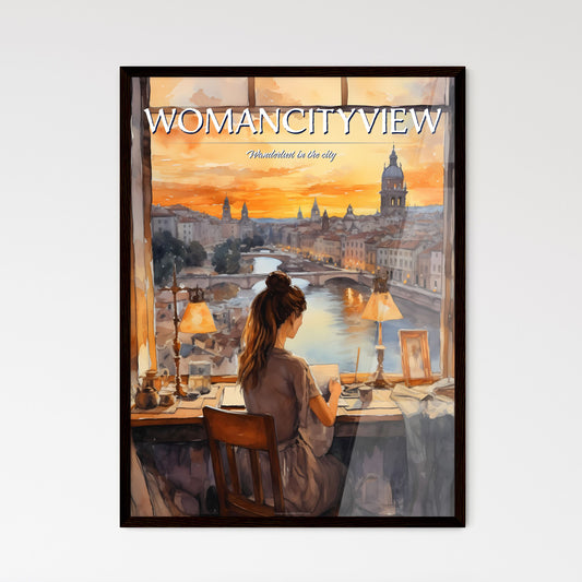 A Poster of illustration of young woman working - A Woman Sitting In A Chair Looking Out A Window At A City Default Title