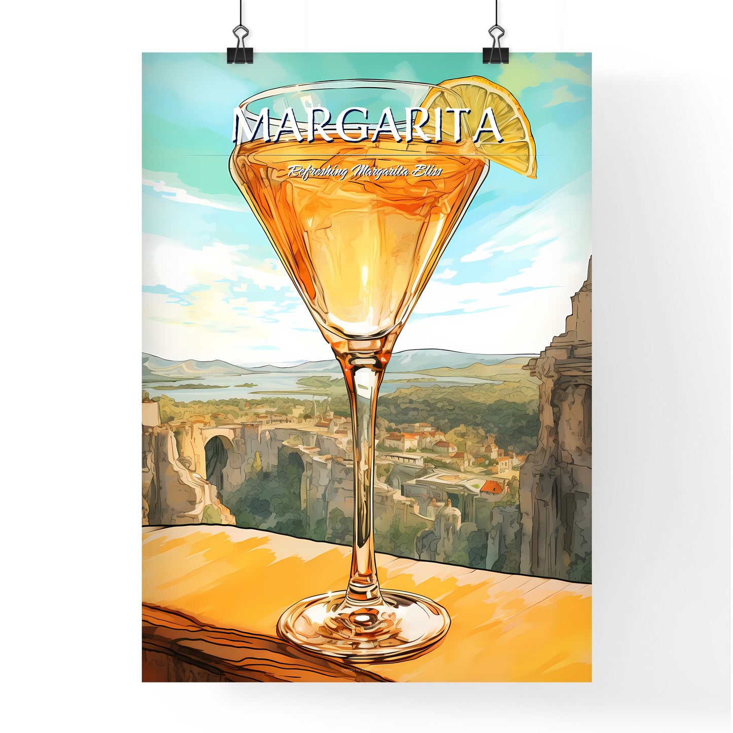 A Poster of Margarita Glass with classic margarita cocktail - A Glass Of Liquid With A Slice Of Lime And A City In The Background Default Title