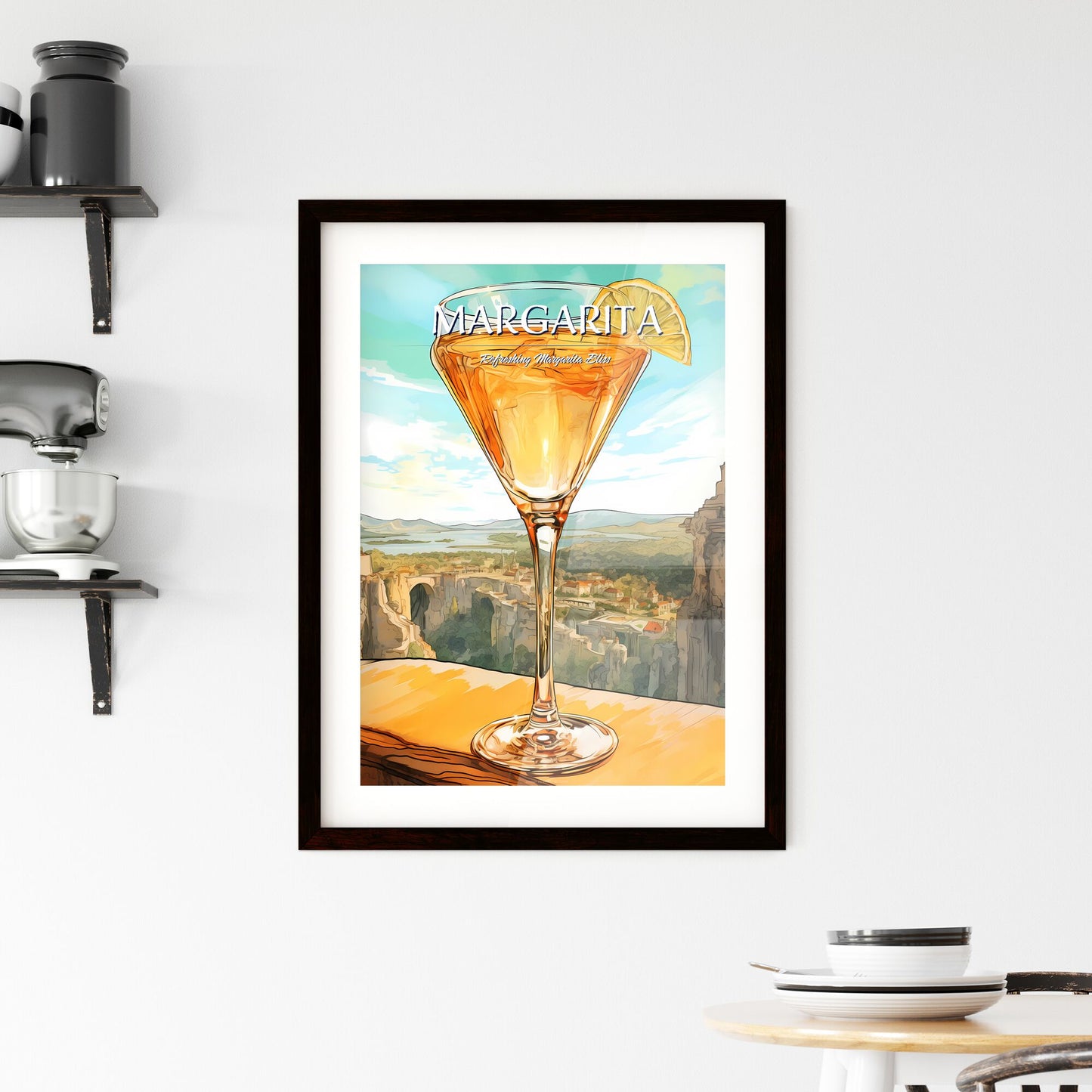 A Poster of Margarita Glass with classic margarita cocktail - A Glass Of Liquid With A Slice Of Lime And A City In The Background Default Title