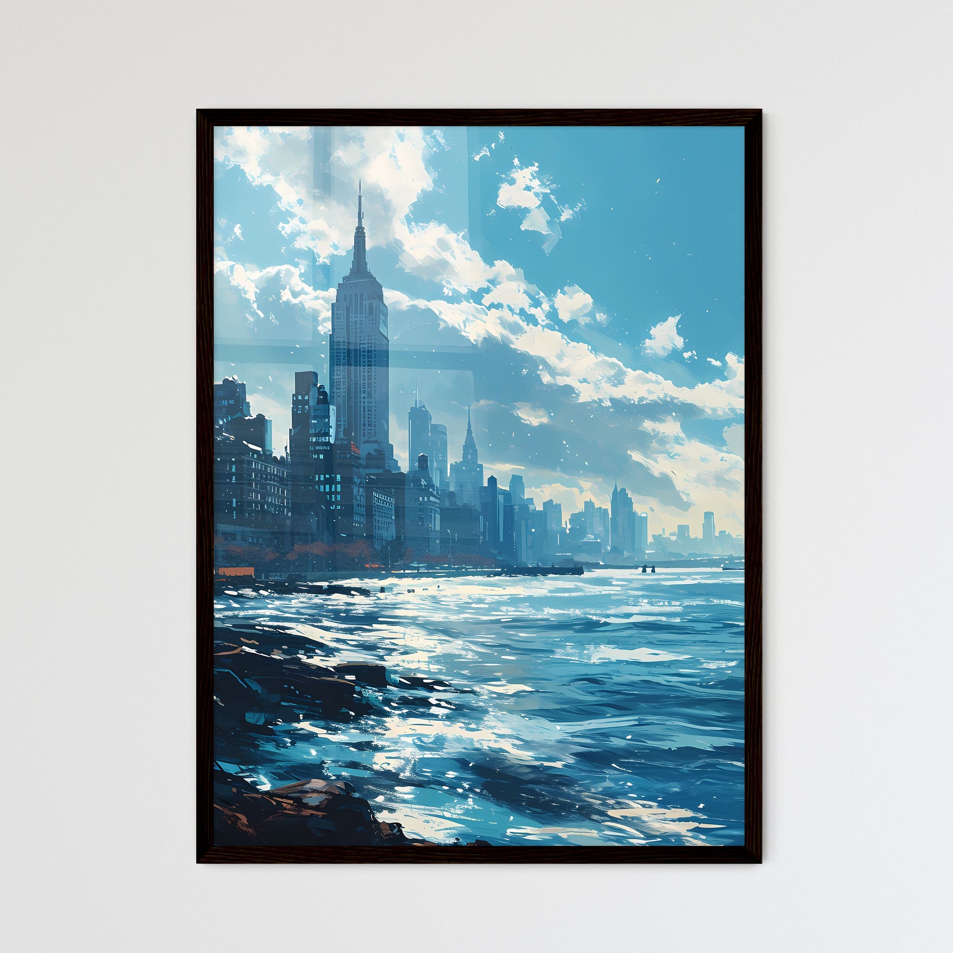 A Poster of New York City Skyline - A City Skyline With A Body Of Water Framed Art
