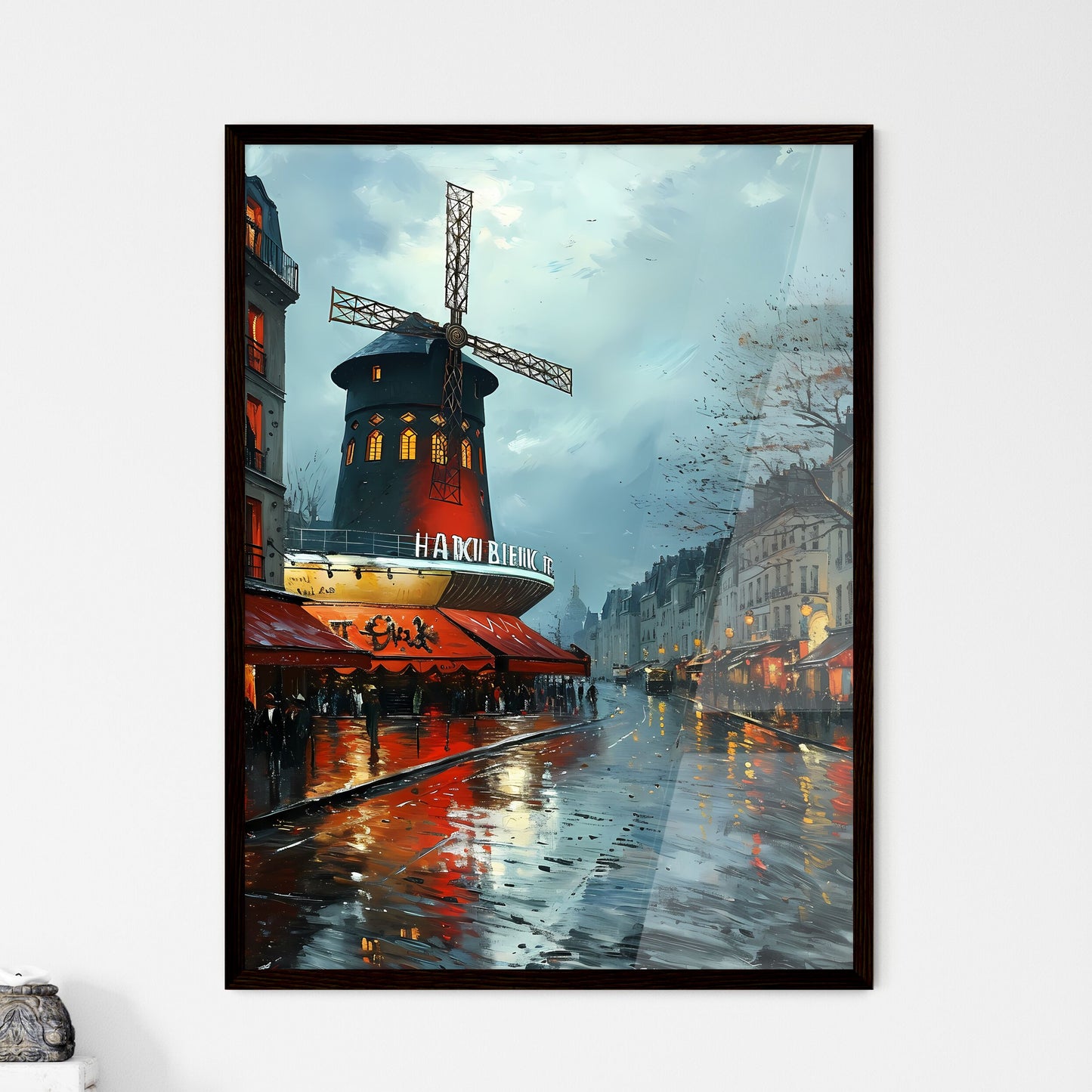 A Poster of moulin rouge advertising - A Street With A Windmill On It Framed Art
